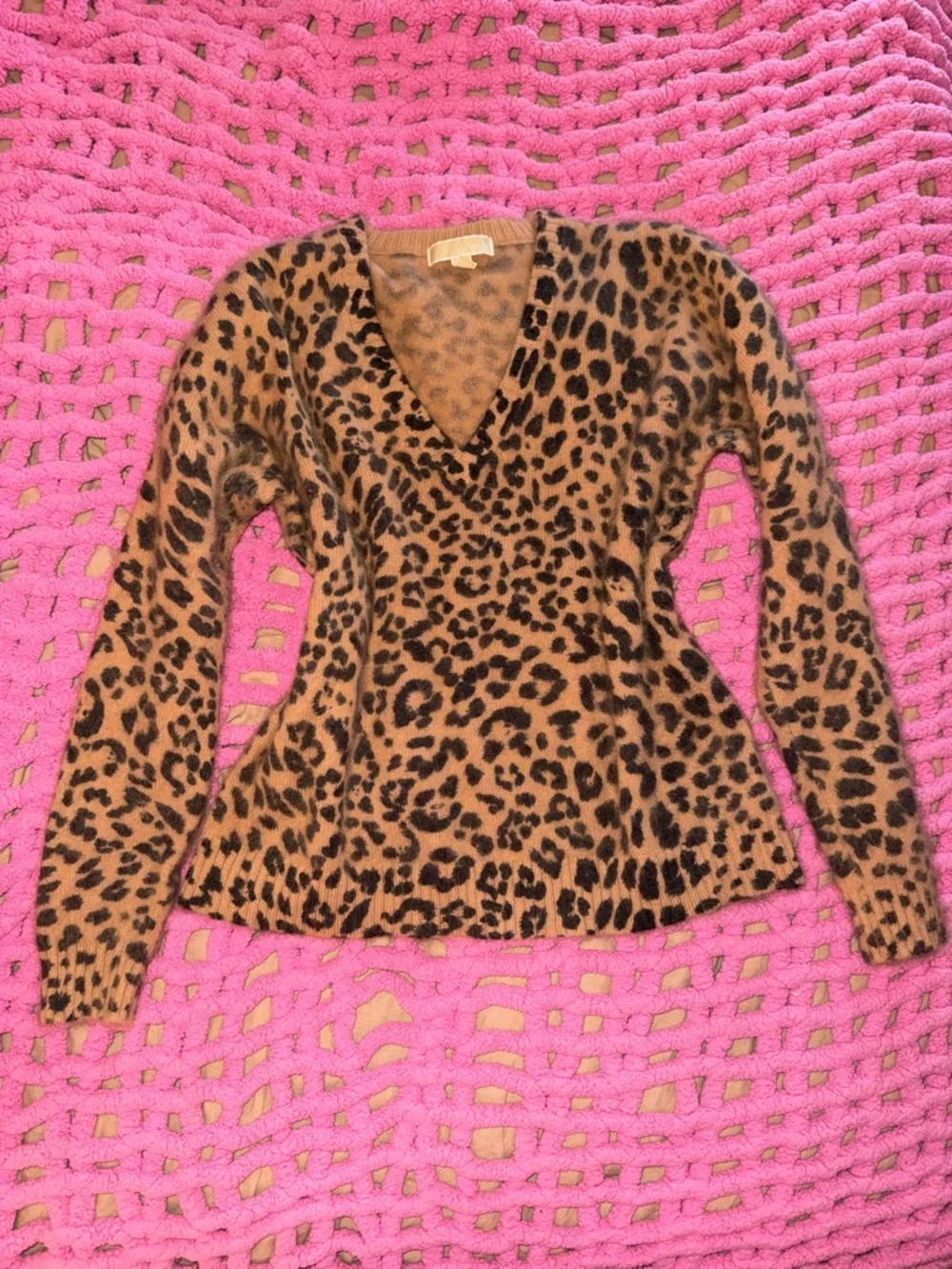 Michael Kors Leopard Print V-Neck Angora Rabbit Hair Sweater - Brown & Black